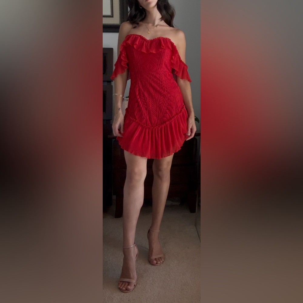 Saints+secrets red ruffled multi wear cocktail dress.